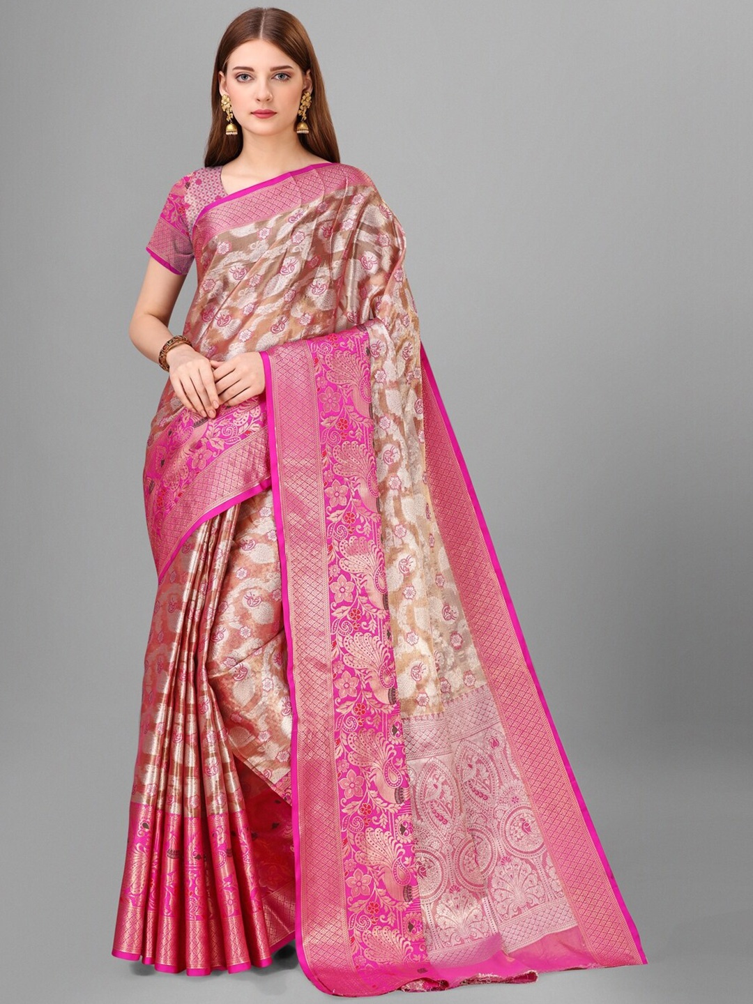 

Sadika Floral Woven Design Zari Tissue Silk Banarasi Saree, Pink