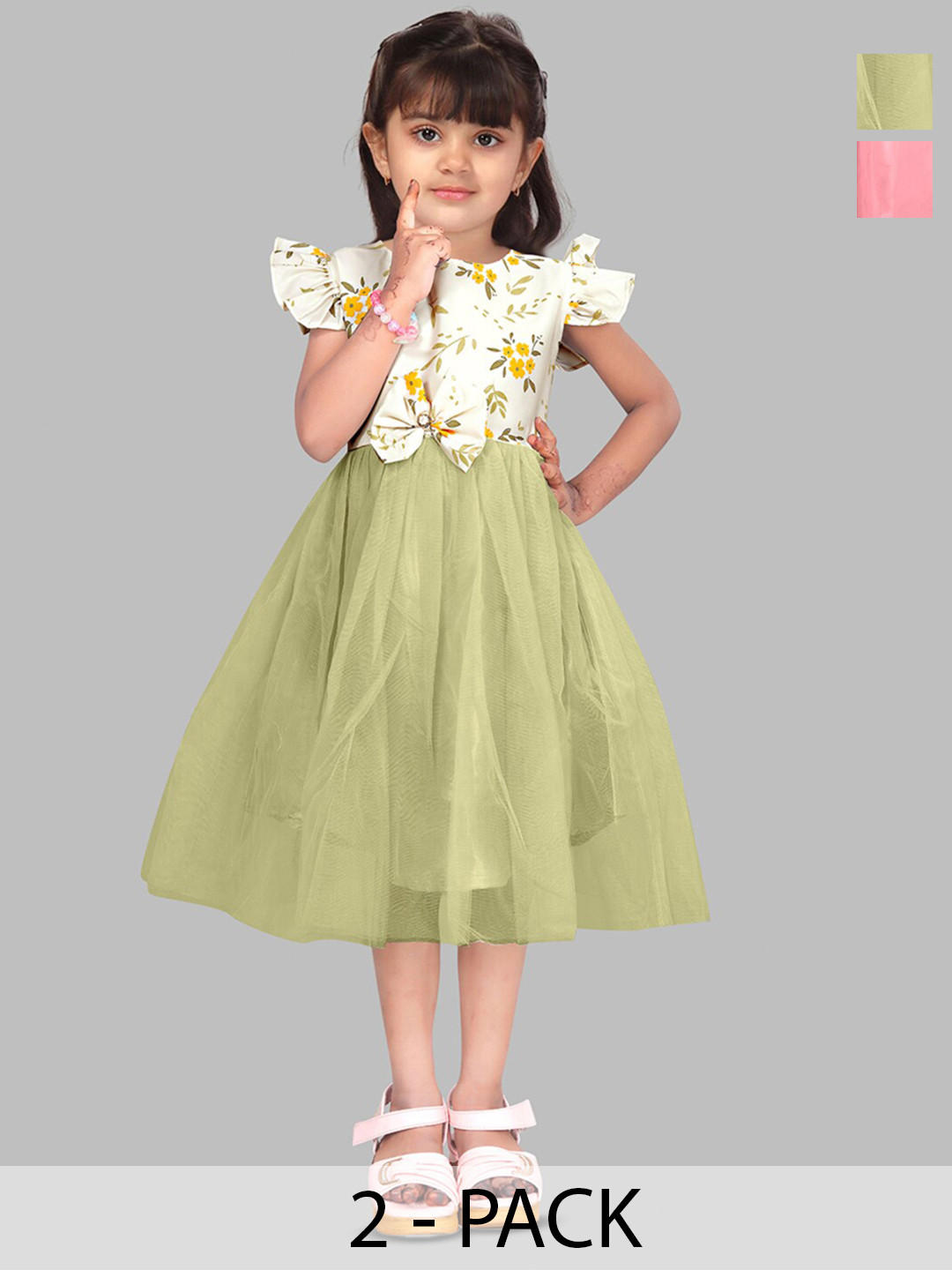 

BAESD Girls Pack Of 2 Floral Printed Fit & Flare Cotton Midi Dress, Green