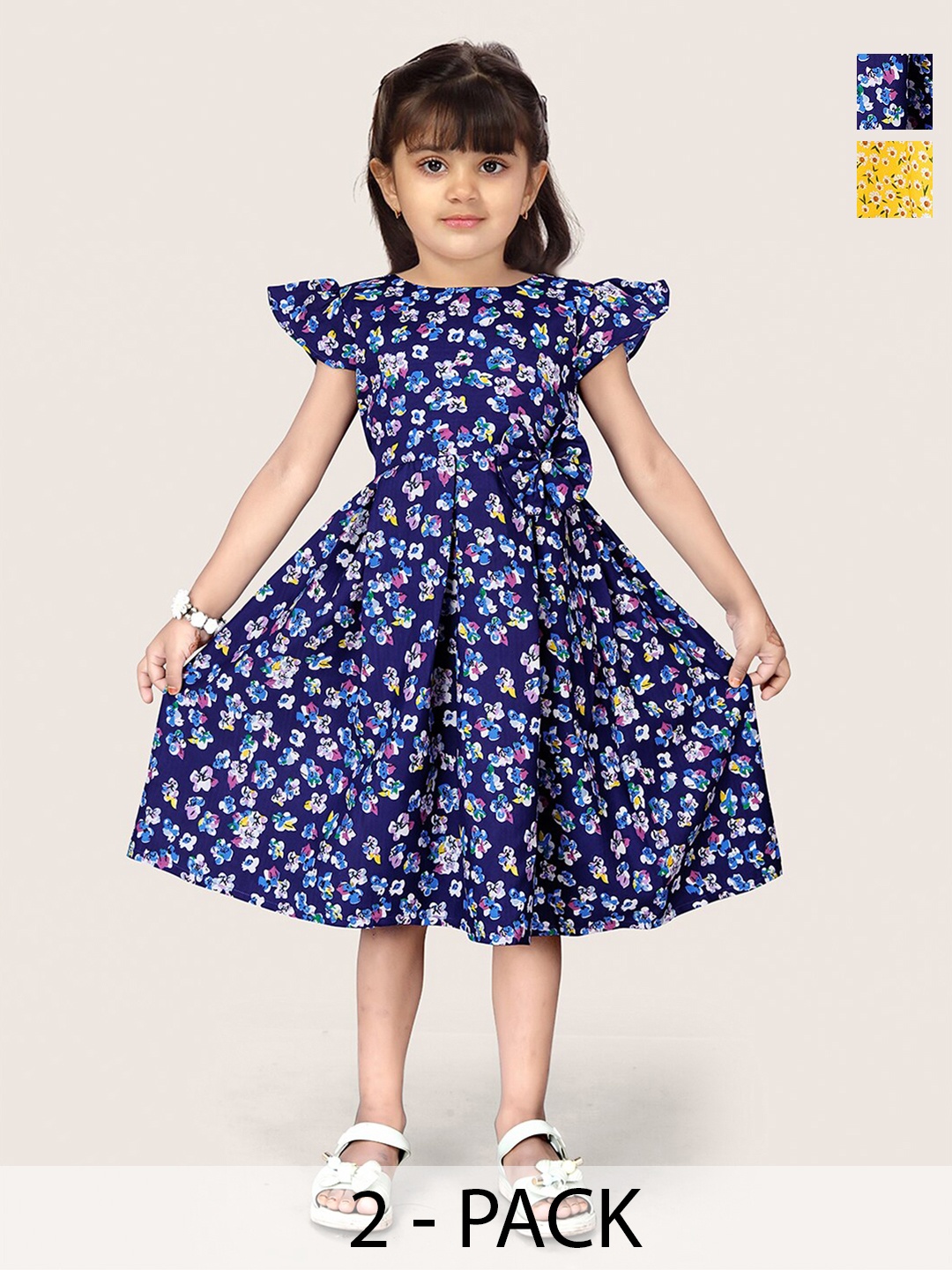 

BAESD Girls Pack Of 2 Floral Printed Fit & Flare Cotton Midi Dress, Blue