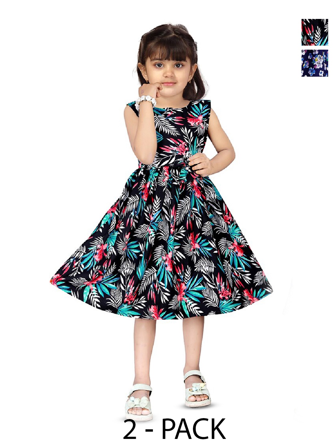 

BAESD Girls Pack Of 2 Floral Printed Fit & Flare Cotton Midi Dress, Black