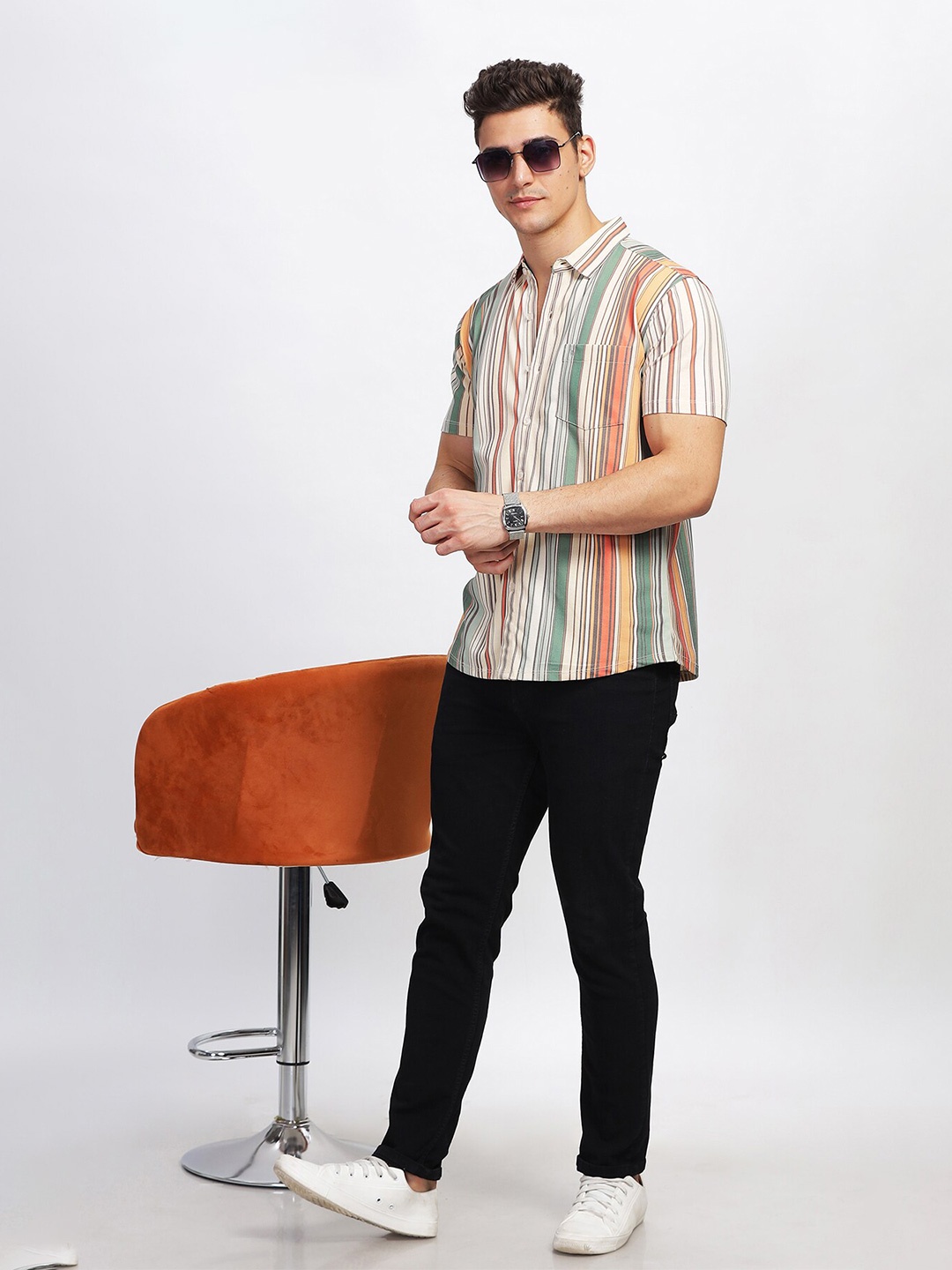 

BULLMER Straight Spread Collar Cotton Striped Curved Casual Shirt, Cream