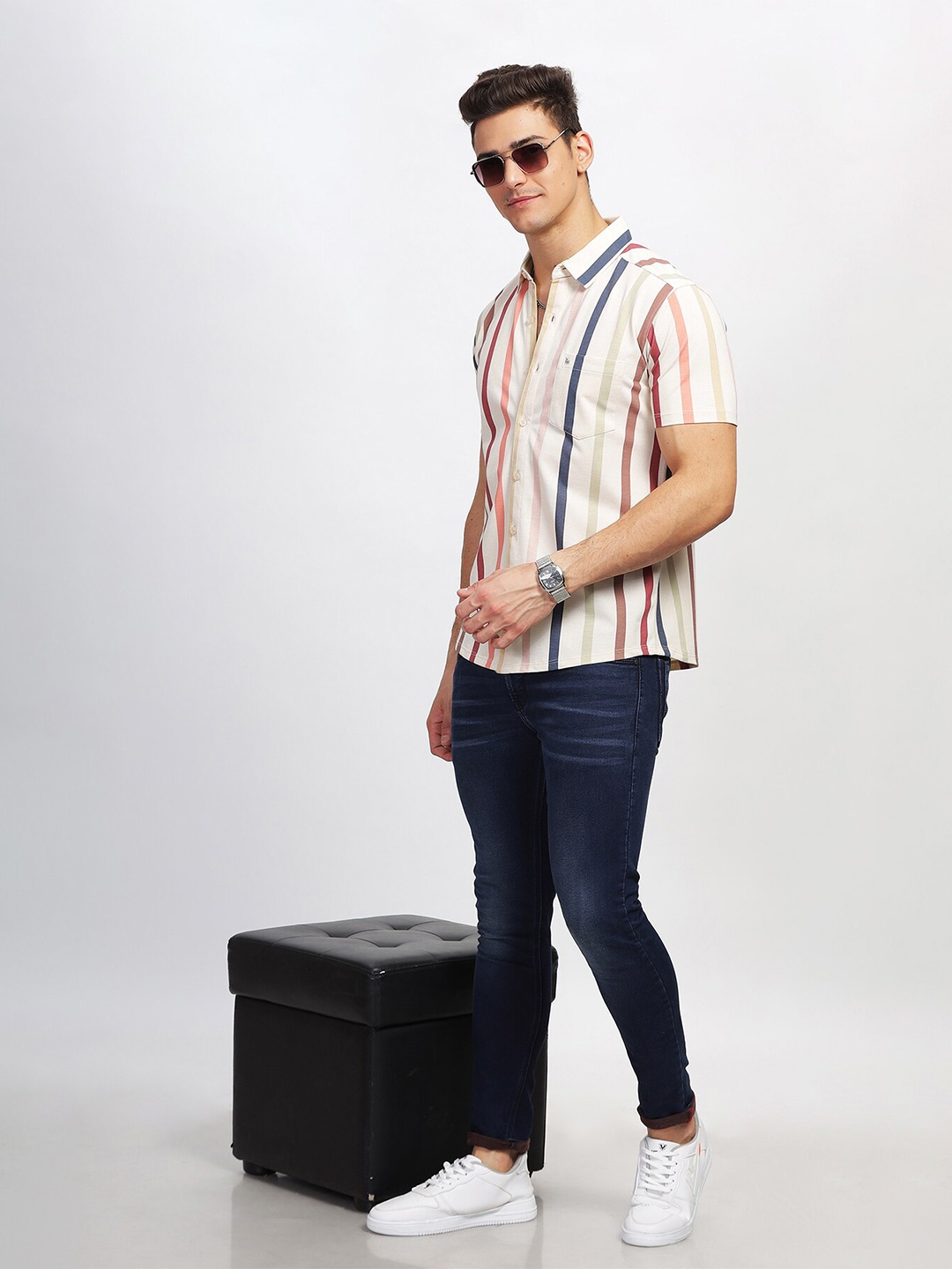 

BULLMER Straight Fit Striped Spread Collar Short Sleeves Cotton Casual Shirt, Beige