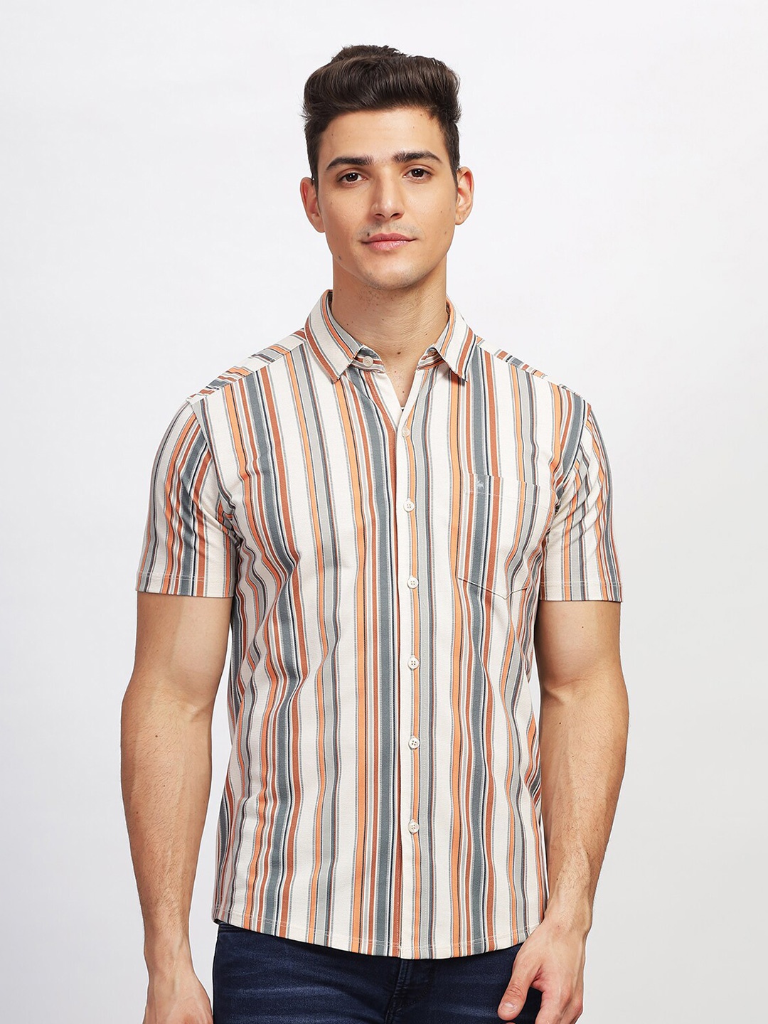 

BULLMER Straight Spread Collar Cotton Striped Curved Casual Shirt, Beige