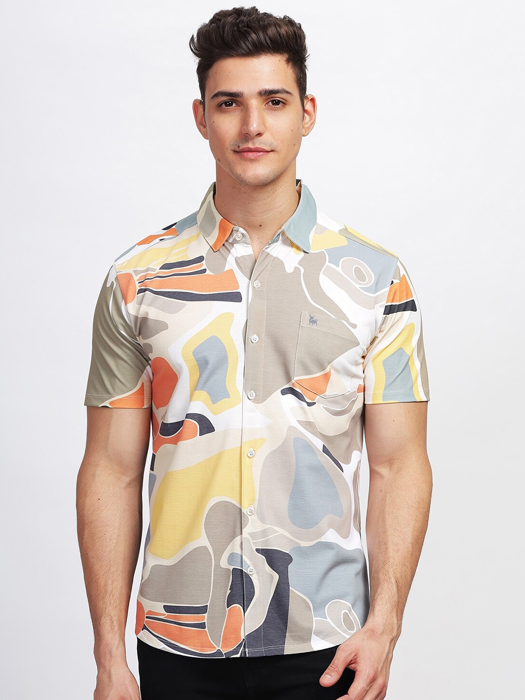 

BULLMER Straight Abstract Printed Spread Collar Cotton Curved Casual Shirt, Khaki