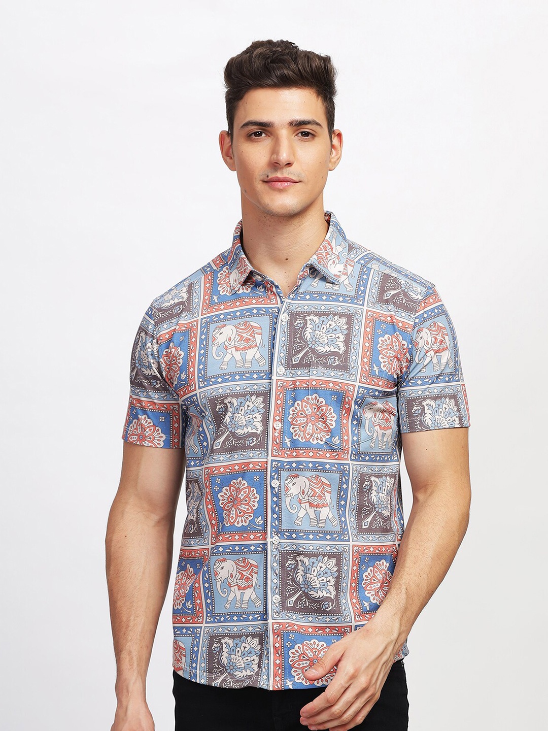 

BULLMER Straight Ethnic Motifs Printed Spread Collar Cotton Casual Shirt, Blue