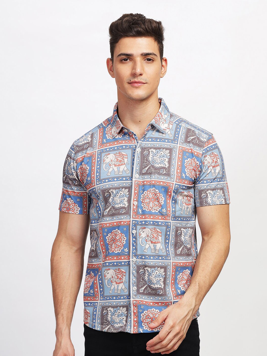 

BULLMER Straight Ethnic Motifs Printed Spread Collar Cotton Curved Casual Shirt, Blue