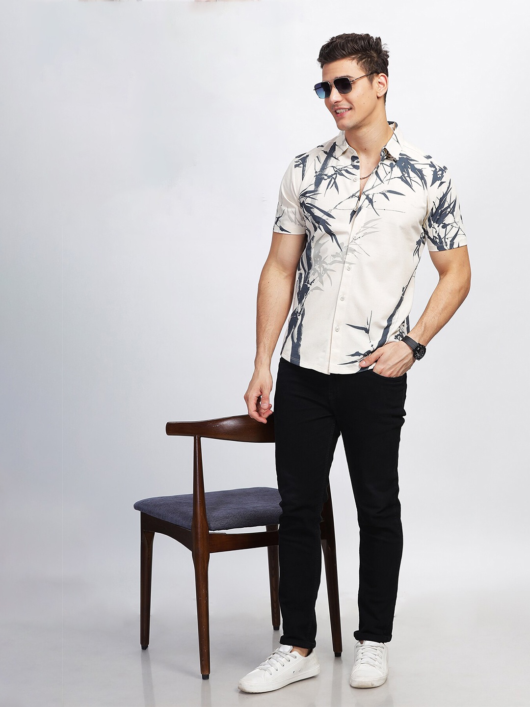 

BULLMER Straight Floral Printed Cotton Spread Collar Curved Casual Shirt, Cream