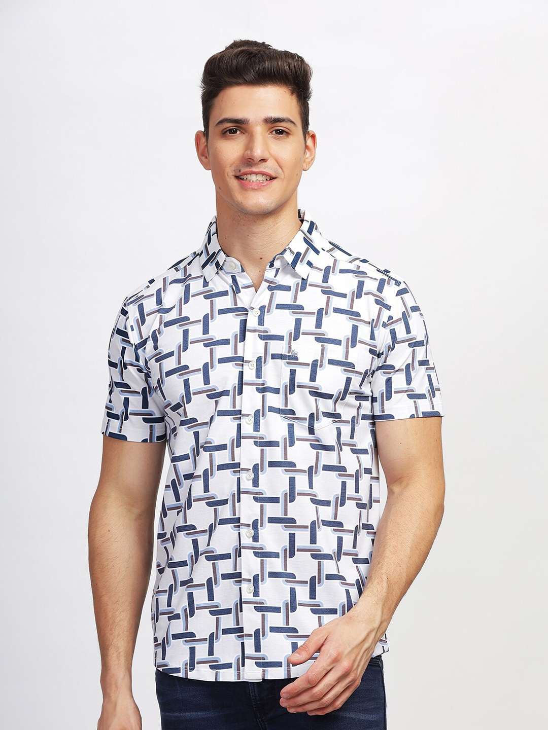 

BULLMER Straight Geometric Printed Spread Collar Cotton Curved Casual Shirt, Blue