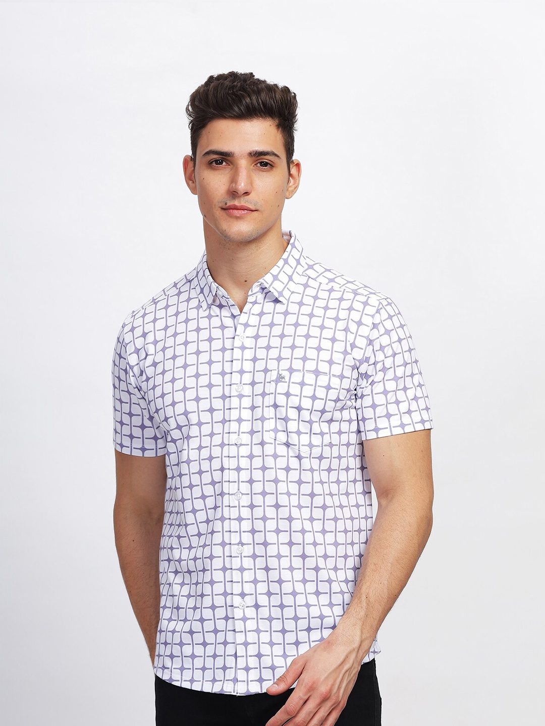 

BULLMER Straight Geometric Printed Spread Collar Cotton Curved Casual Shirt, Lavender