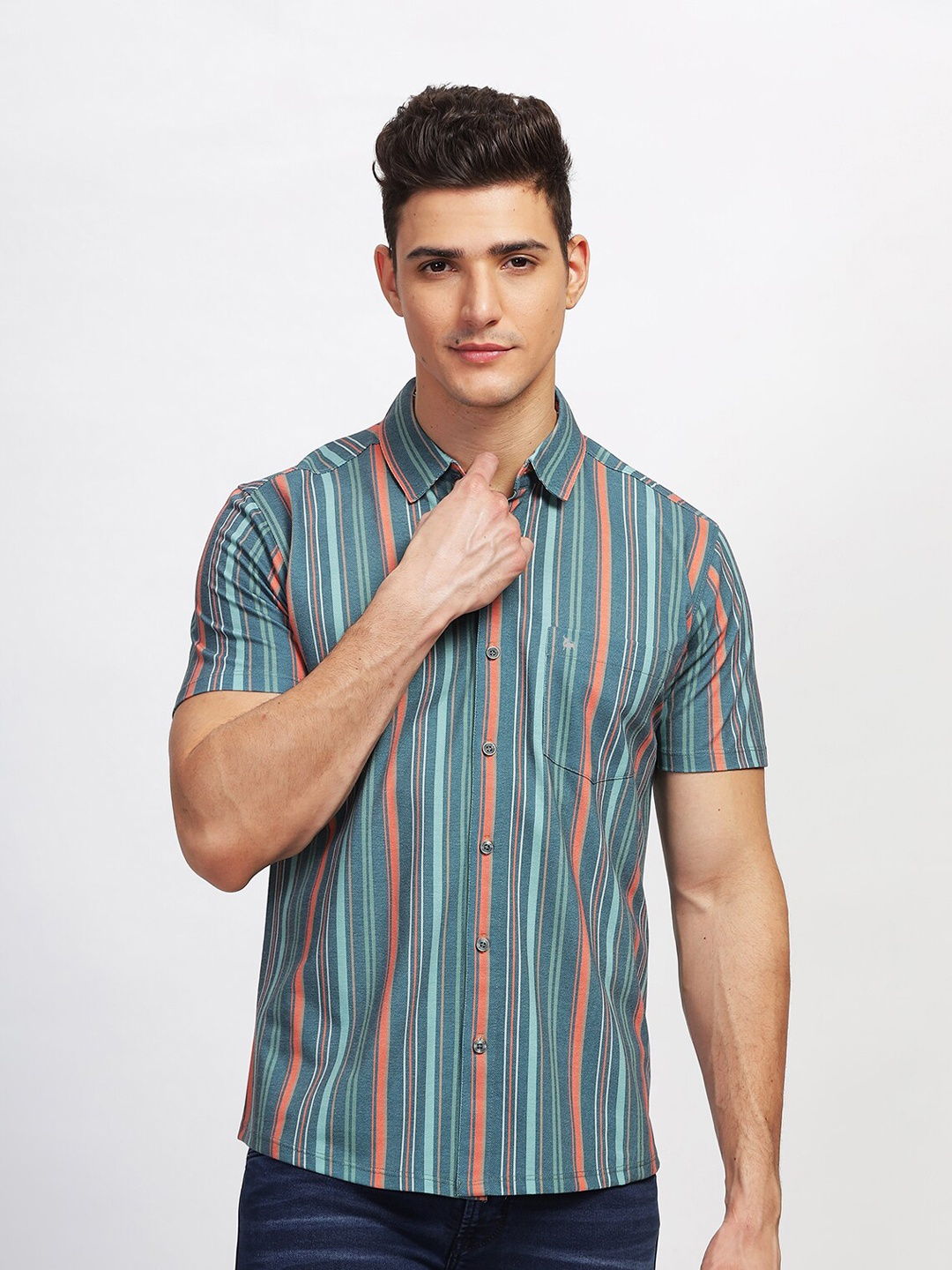 

BULLMER Straight Fit Multi Stripes Spread Collar Short Sleeves Cotton Casual Shirt, Green