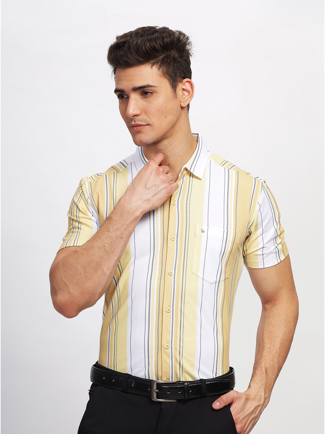 

BULLMER Straight Spread Collar Cotton Striped Printed Curved Casual Shirt, Yellow