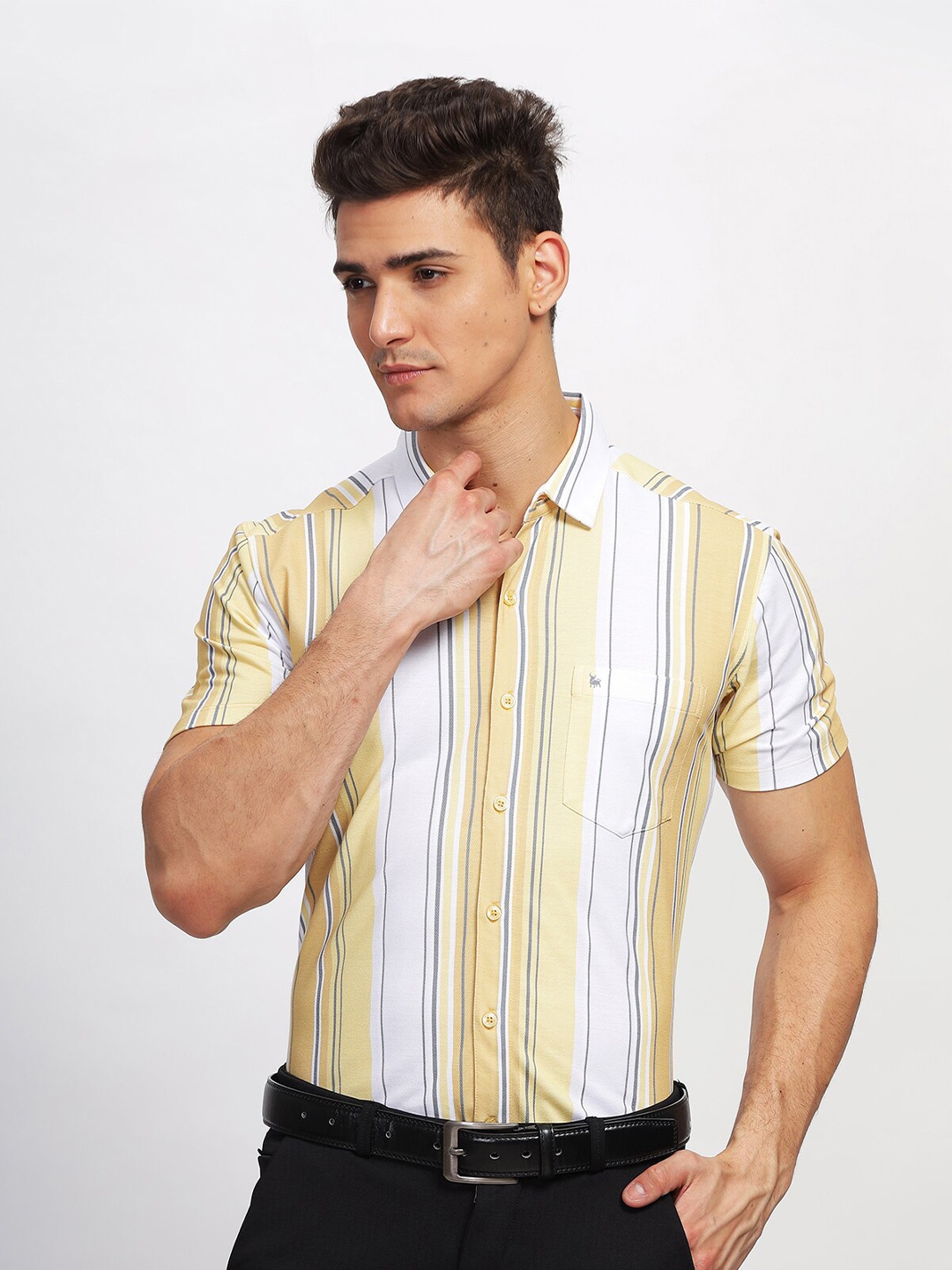 

BULLMER Straight Spread Collar Cotton Striped Printed Curved Casual Shirt, Yellow