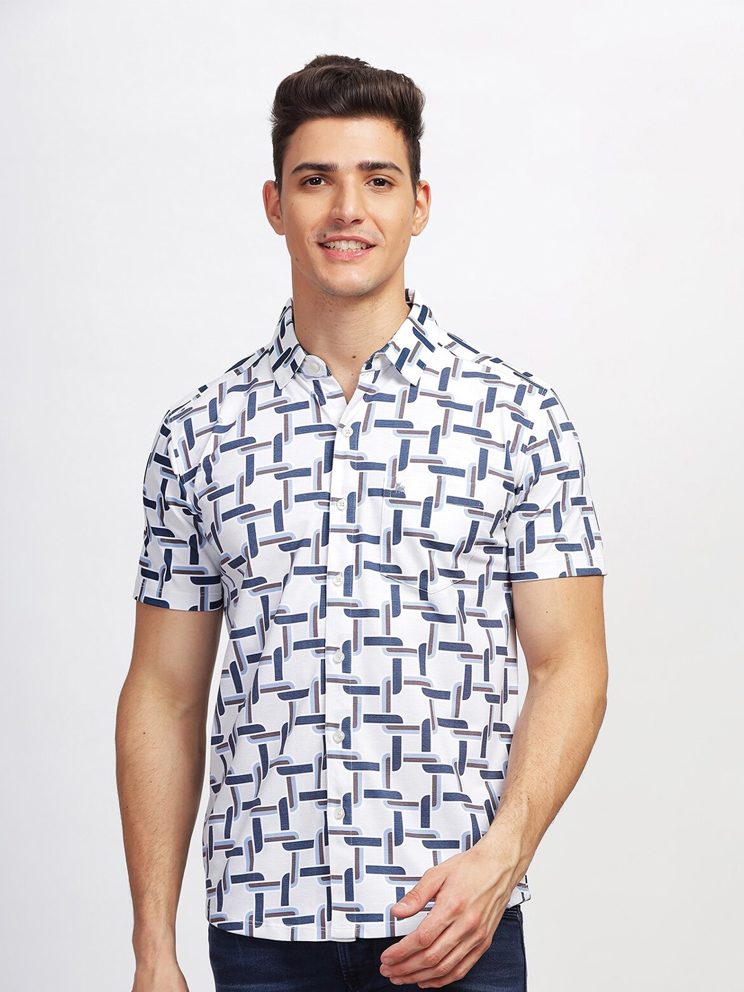 

BULLMER Straight Geometric Printed Spread Collar Cotton Curved Casual Shirt, Blue