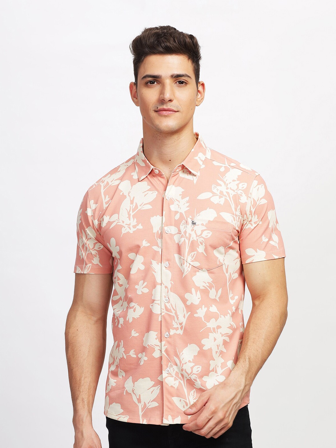 

BULLMER Straight Fit Floral Printed Spread Collar Short Sleeves Casual Shirt, Orange