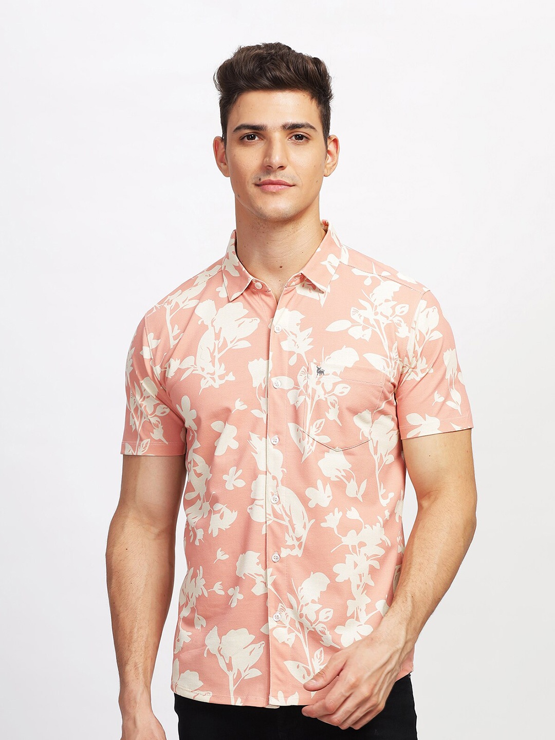 

BULLMER Straight Floral Printed Spread Collar Cotton Curved Casual Shirt, Orange