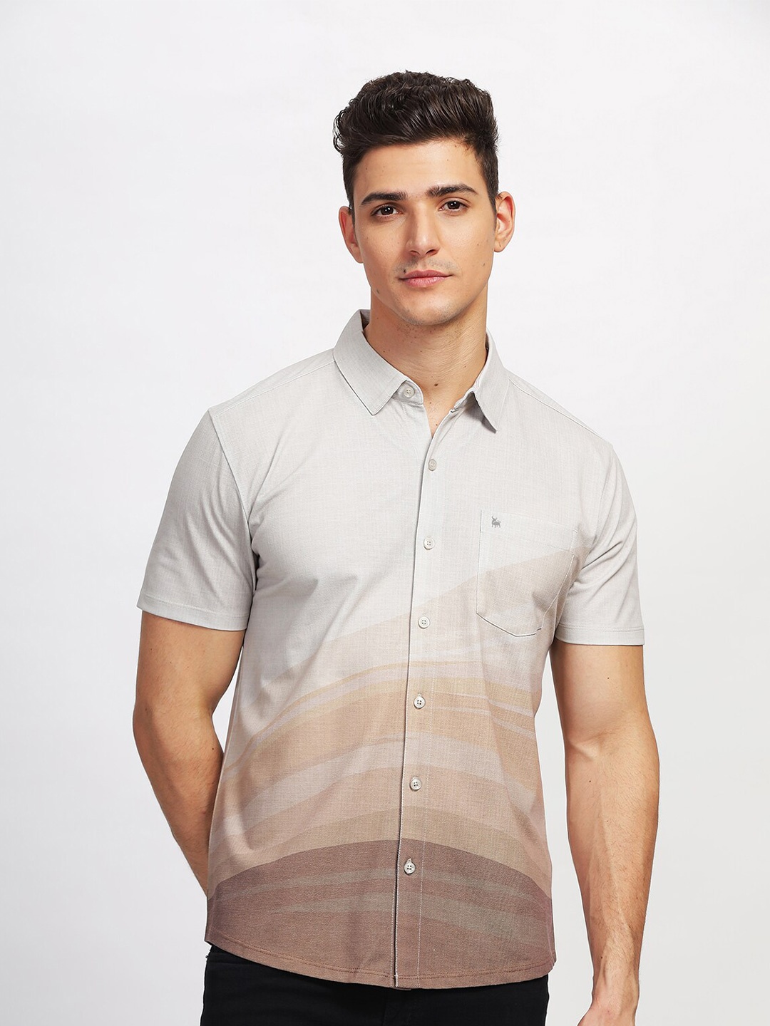 

BULLMER Straight Fit Spread Collar Short Sleeves Cotton Casual Shirt, Brown
