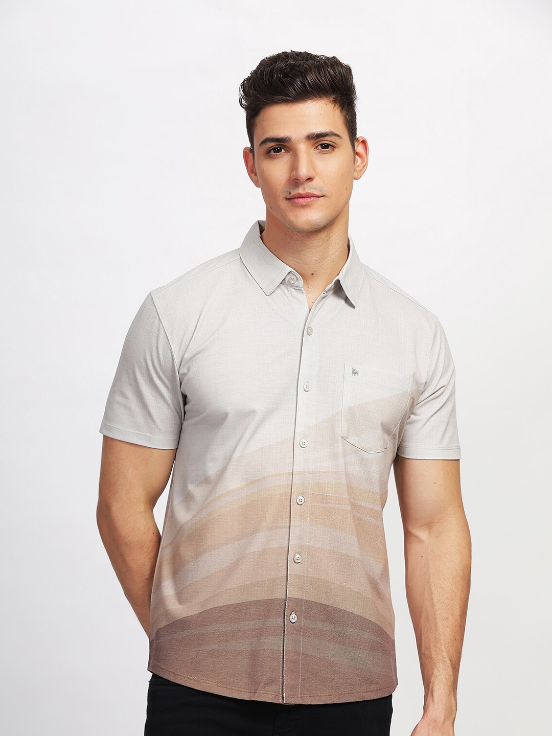 

BULLMER Straight Geometric Printed Cotton Spread Collar Curved Casual Shirt, Brown