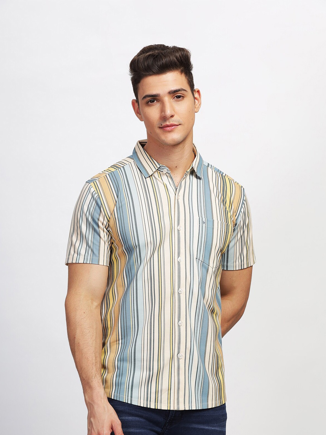 

BULLMER Straight Spread Collar Cotton Striped Curved Casual Shirt, Beige