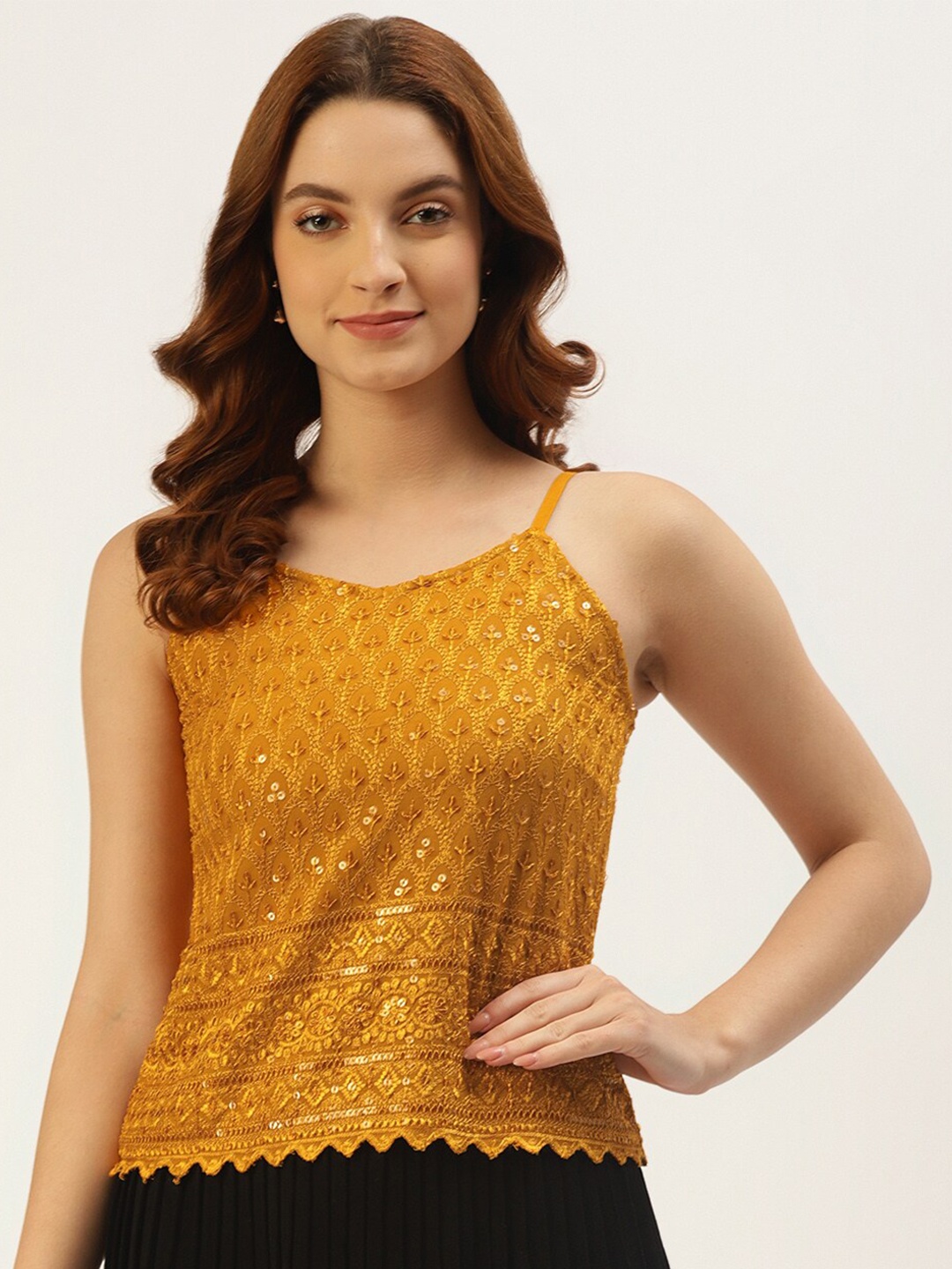 

BRINNS Ethnic Motifs Embroidered Sequinned Top, Mustard