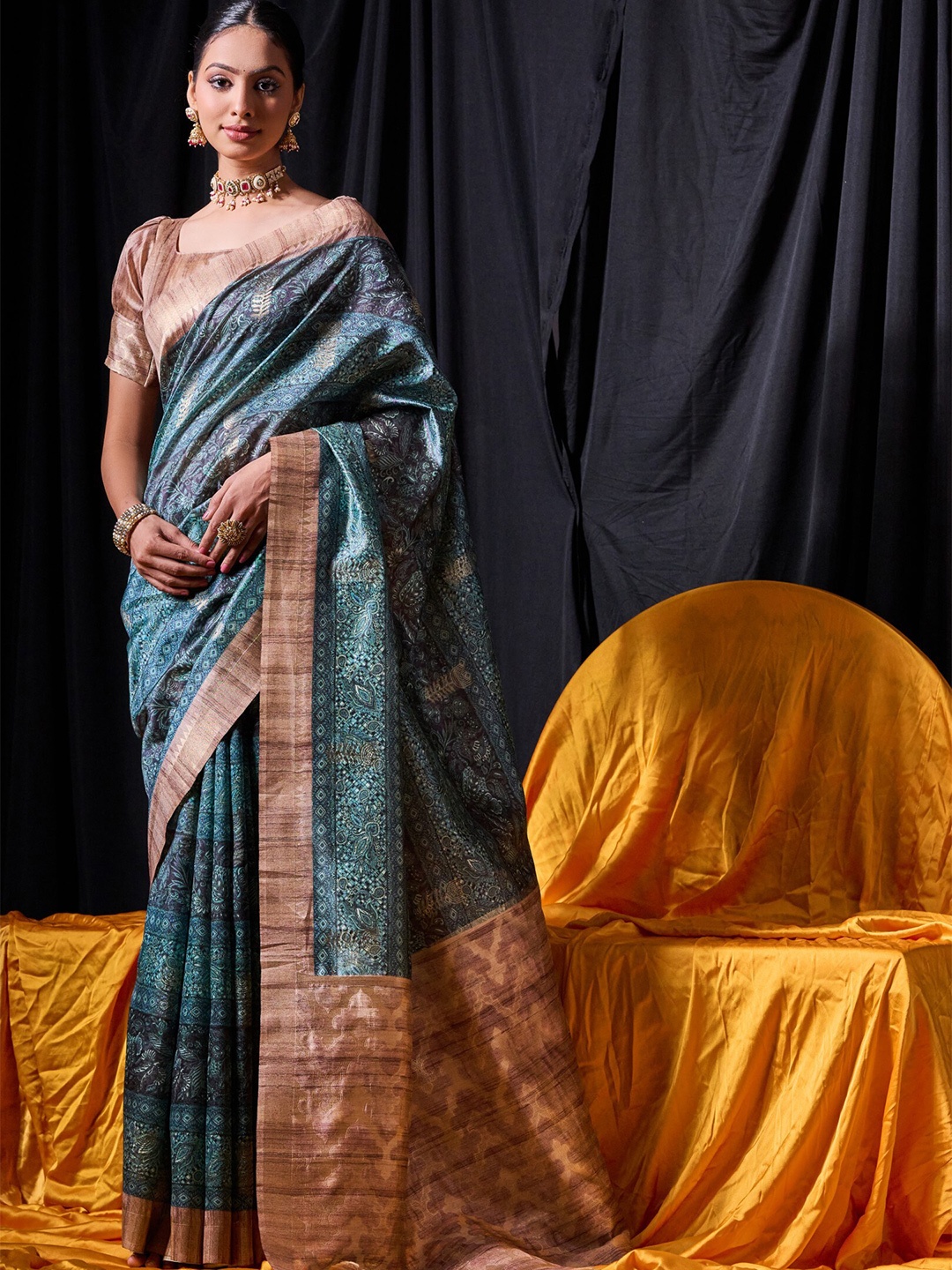 

VISHNU WEAVES Ethnic Motifs Zari Jute Silk Tussar Saree, Teal