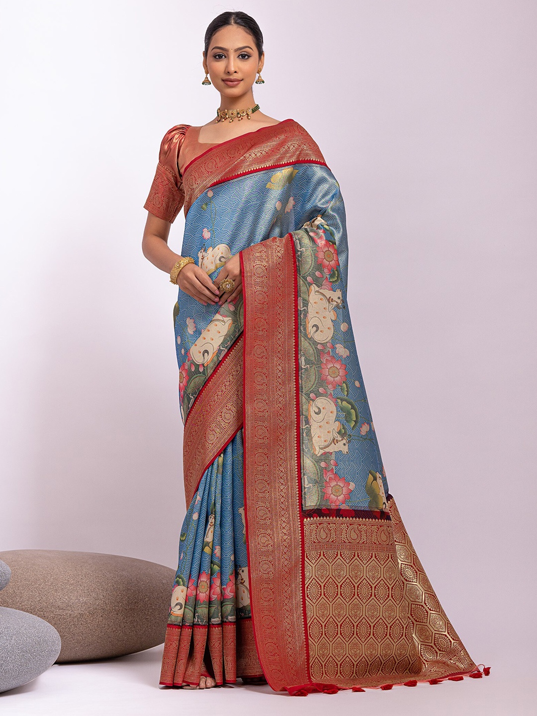 

VISHNU WEAVES Kalamkari Zari Pure Silk Tussar Saree With Tassels, Turquoise blue