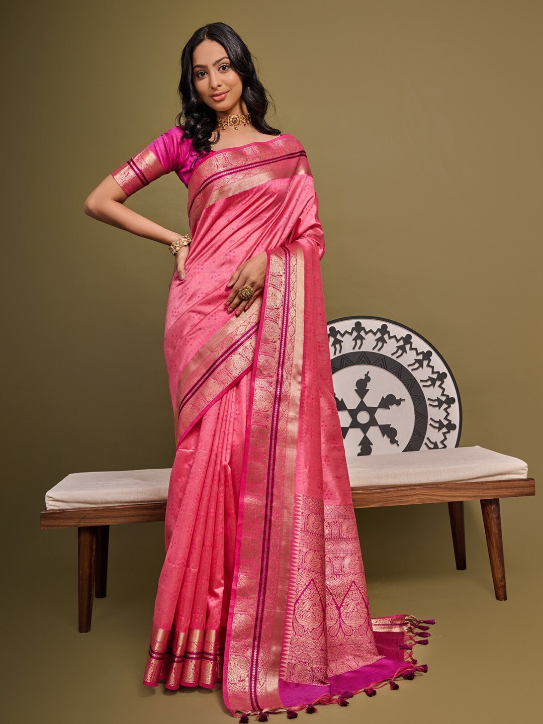 

VISHNU WEAVES Woven Design Bandhani Zari Bhagalpuri Saree With Tassels, Coral