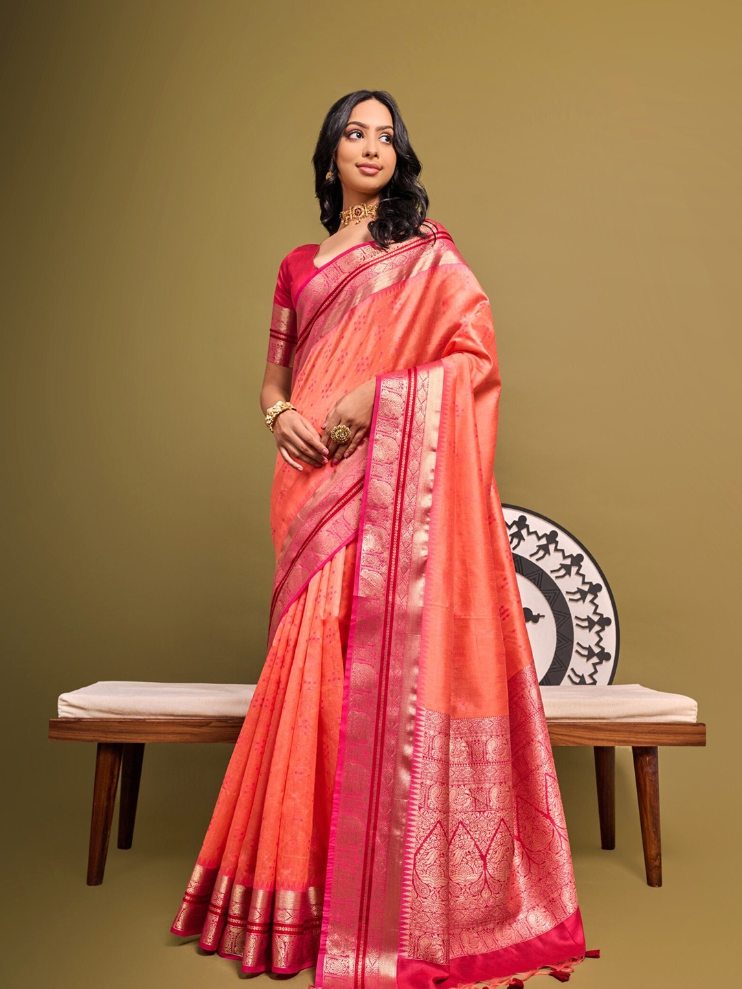 

VISHNU WEAVES Woven Design Bandhani Zari Bhagalpuri Saree With Tassels, Peach