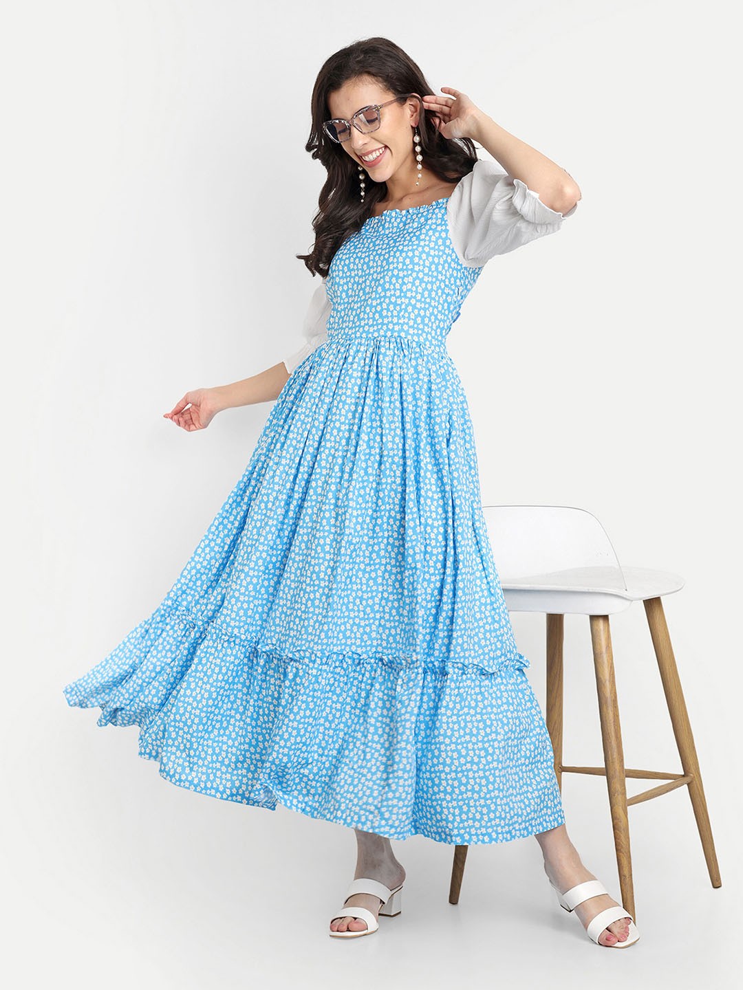 

SHINISHA Women Square neck Puff sleeve Fit and flare Maxi Dress, Blue