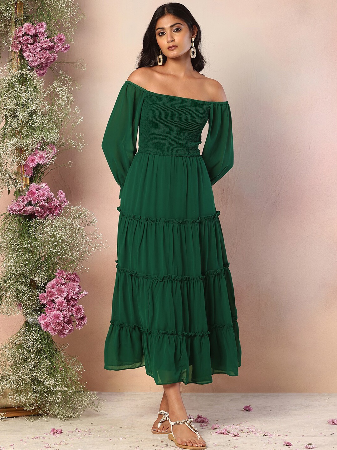 

FabAlley Off-Shoulder Bell Sleeve Georgette Fit & Flare Midi Dress, Green
