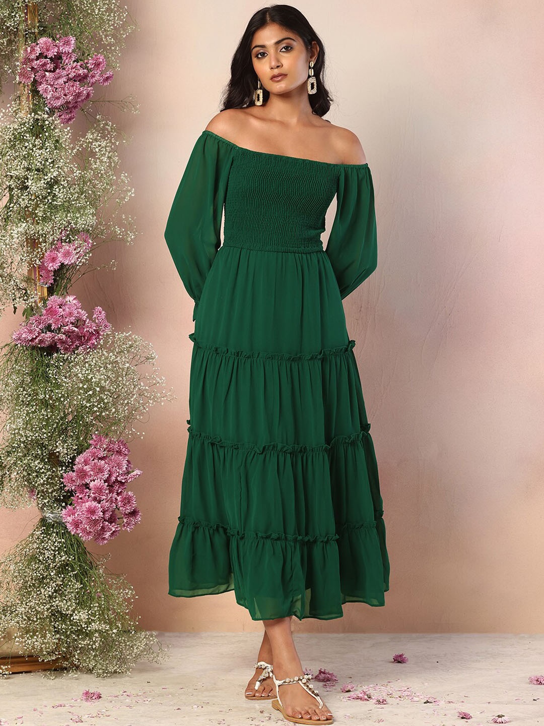 

FabAlley Puff Sleeve Chiffon Fit & Flare Midi Dress, Green