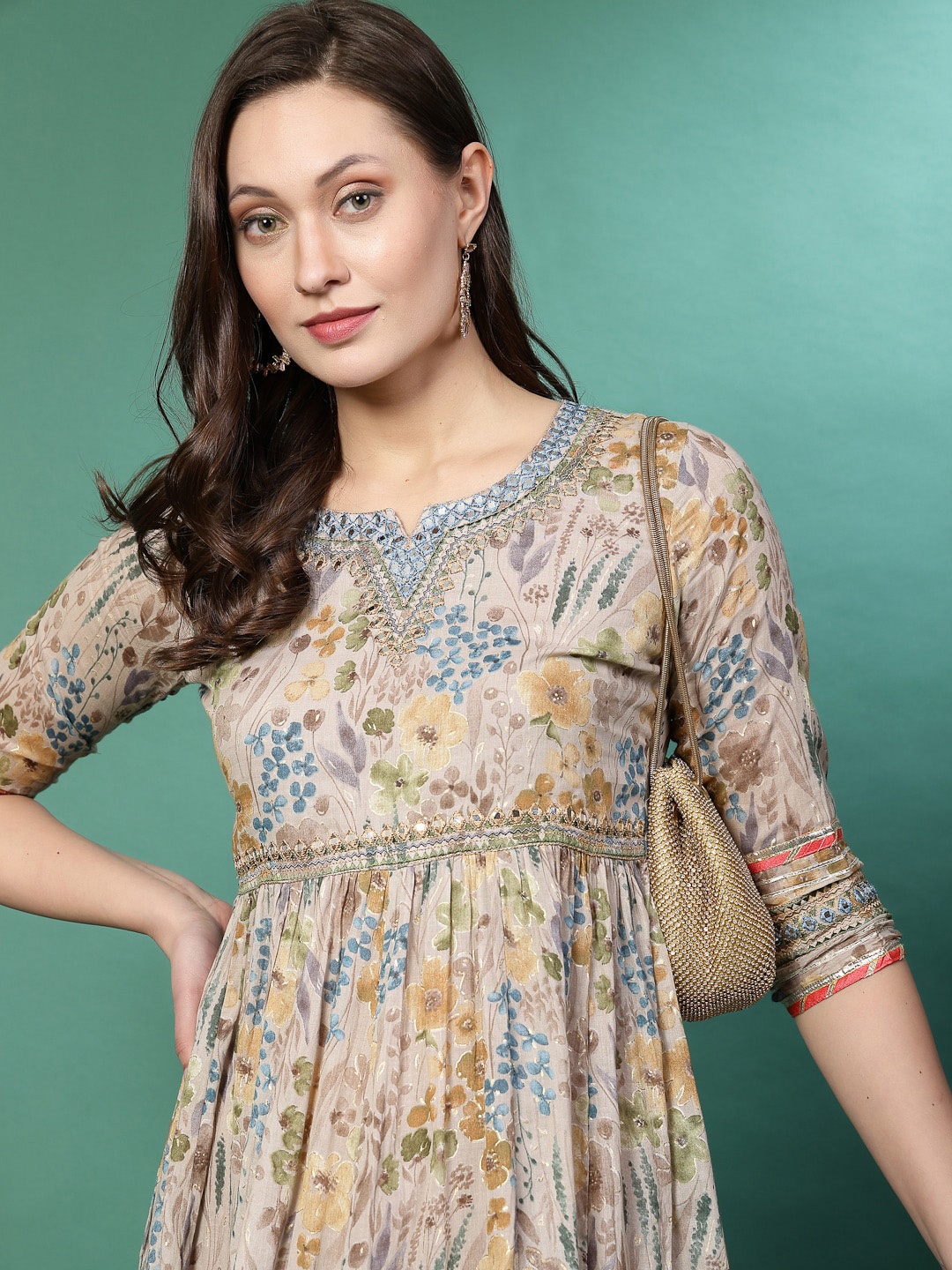 

Sangria Floral Printed Cotton Anarkali Kurta, Grey