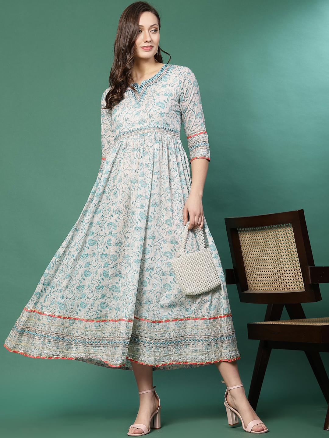 

Sangria Floral Printed Cotton Anarkali Kurta, Turquoise blue