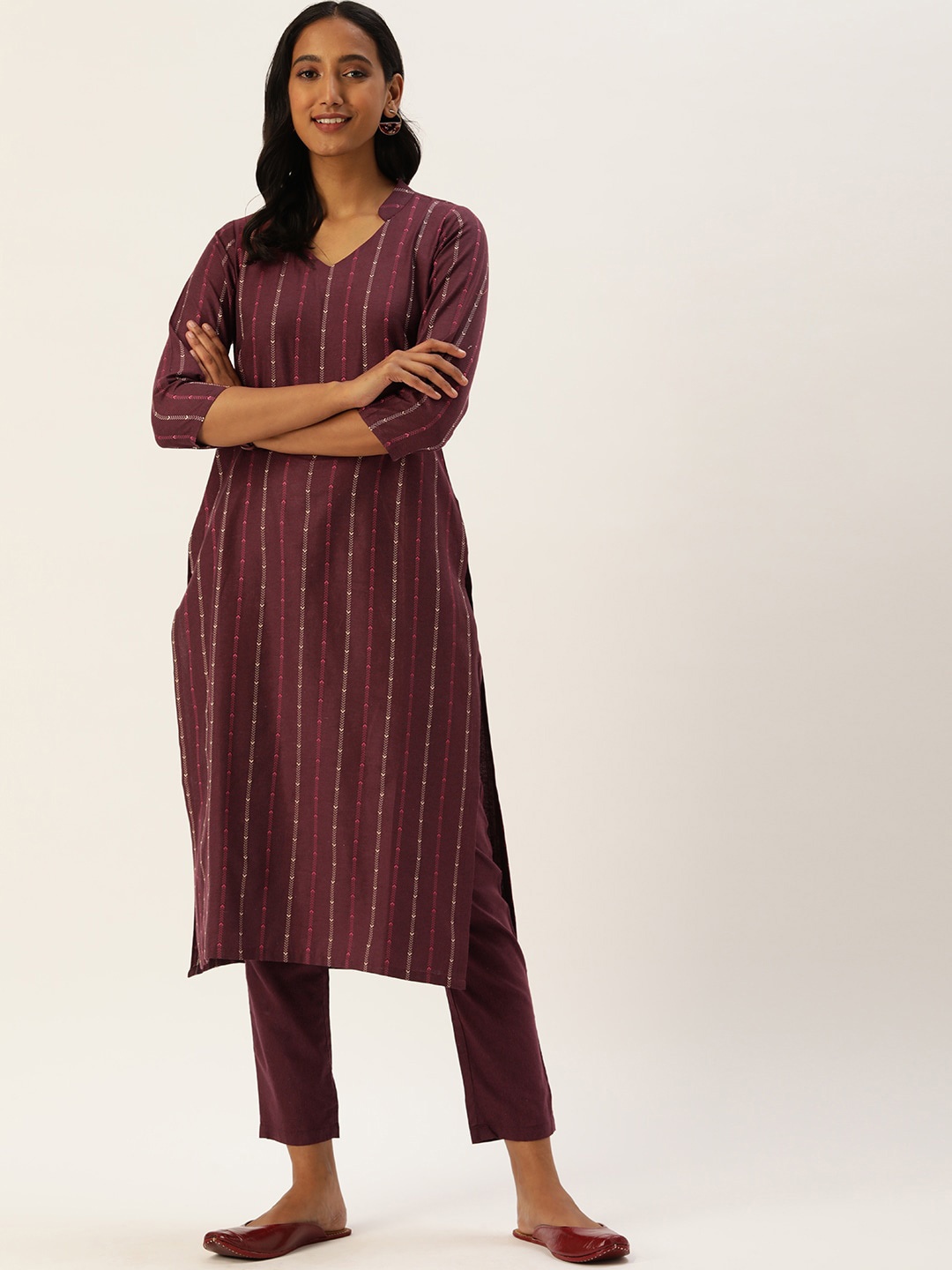 

Shaily Maroon Ethnic Motifs Embroidered Straight Kurta with Trousers