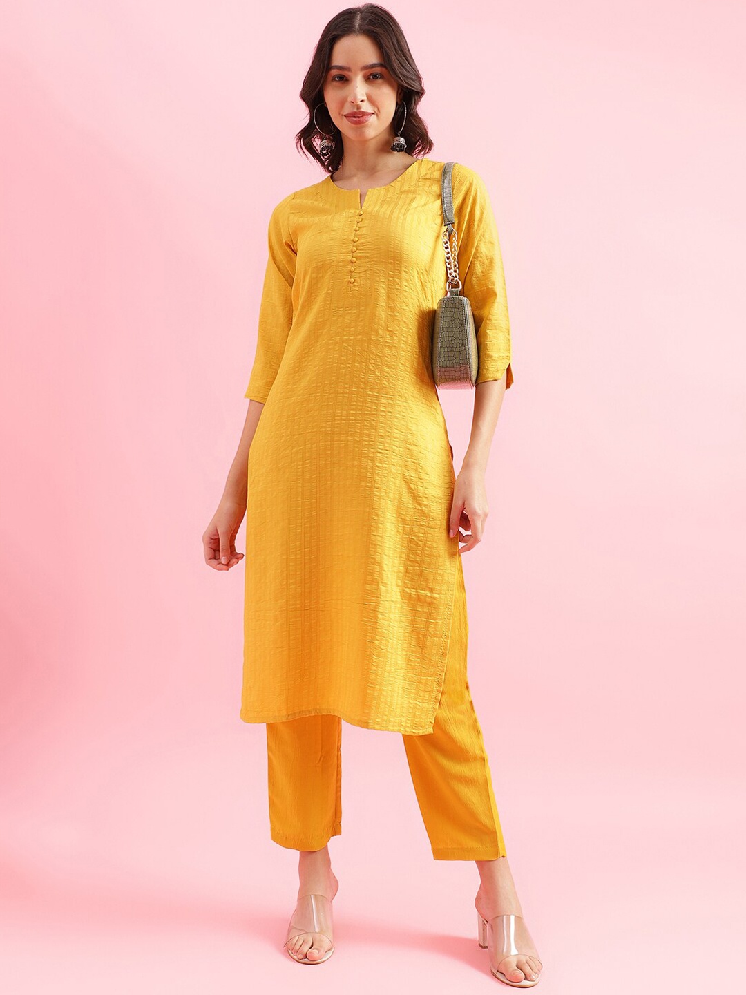 

Shaily Striped Causal Straight Kurta With Trousers, Yellow