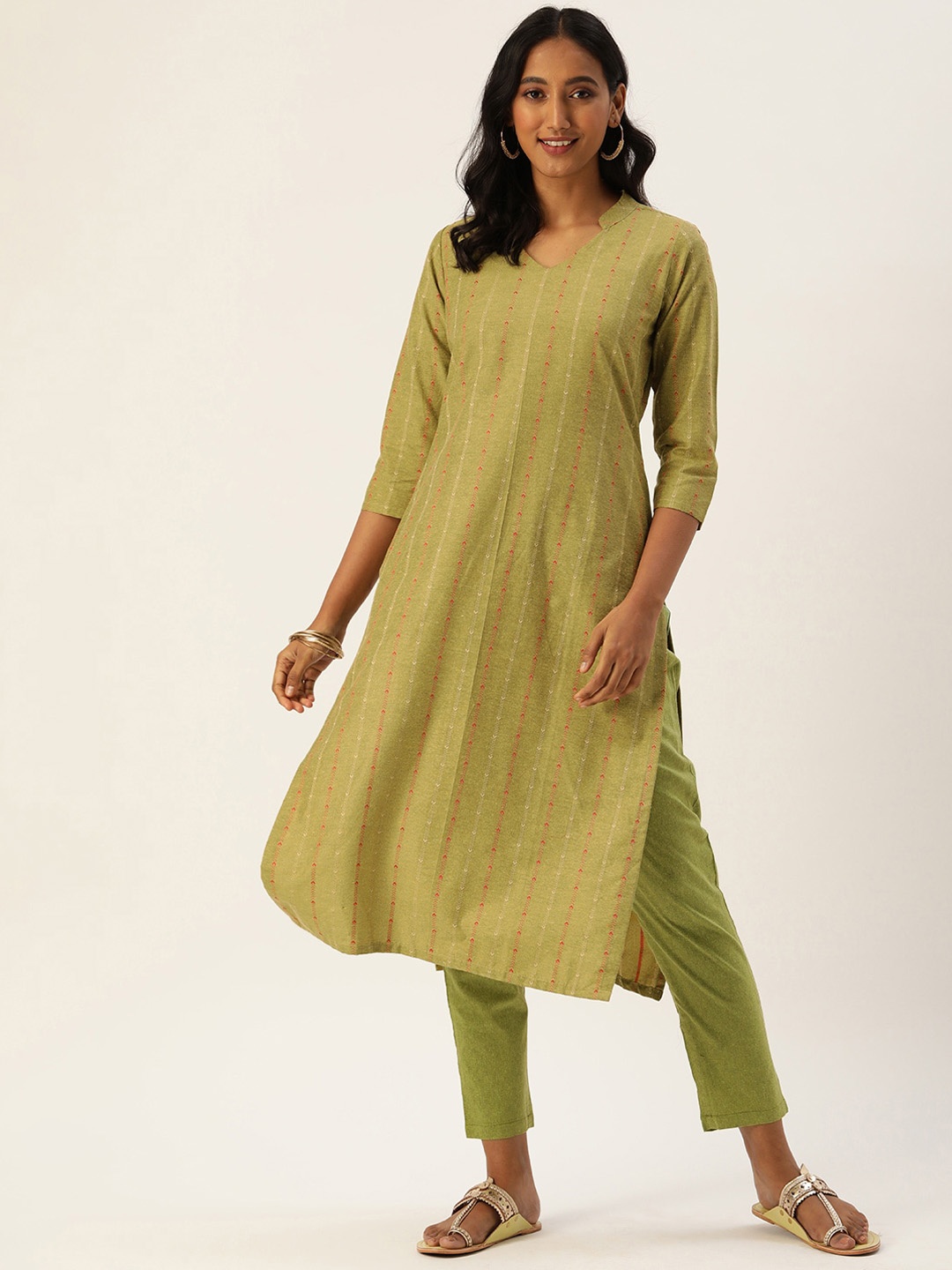 

Shaily Printed Regular Thread Work Cotton Kurta with Trousers, Olive