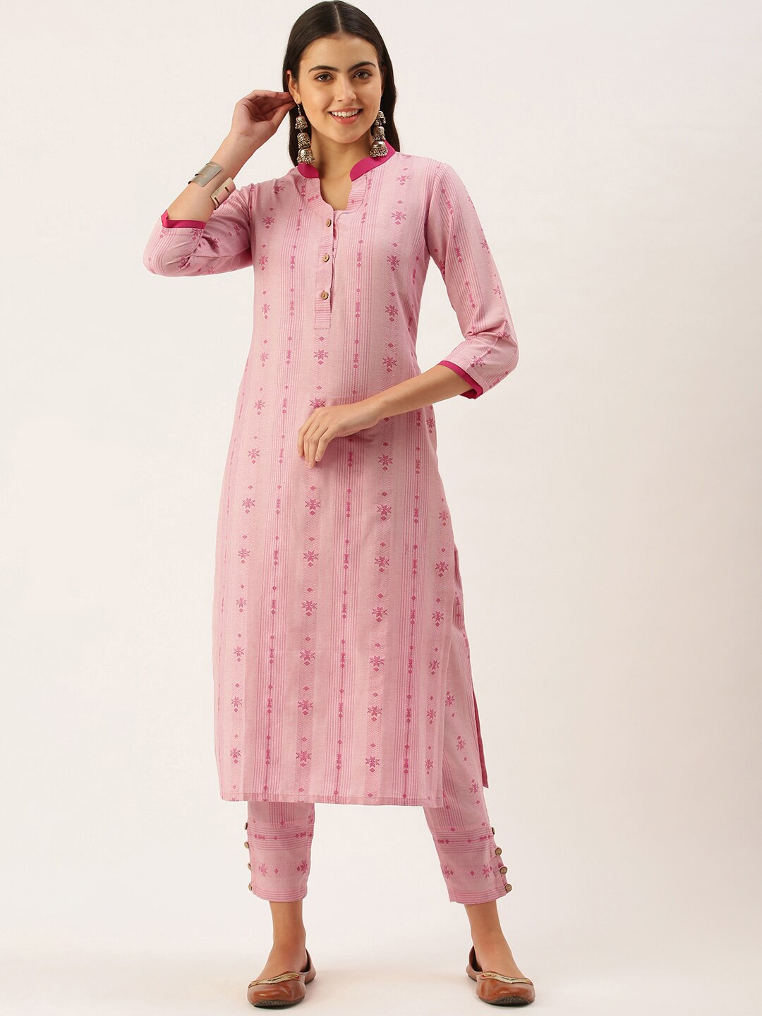 

Shaily Pink Ethnic Motifs Woven Design Straight Kurta with Trousers