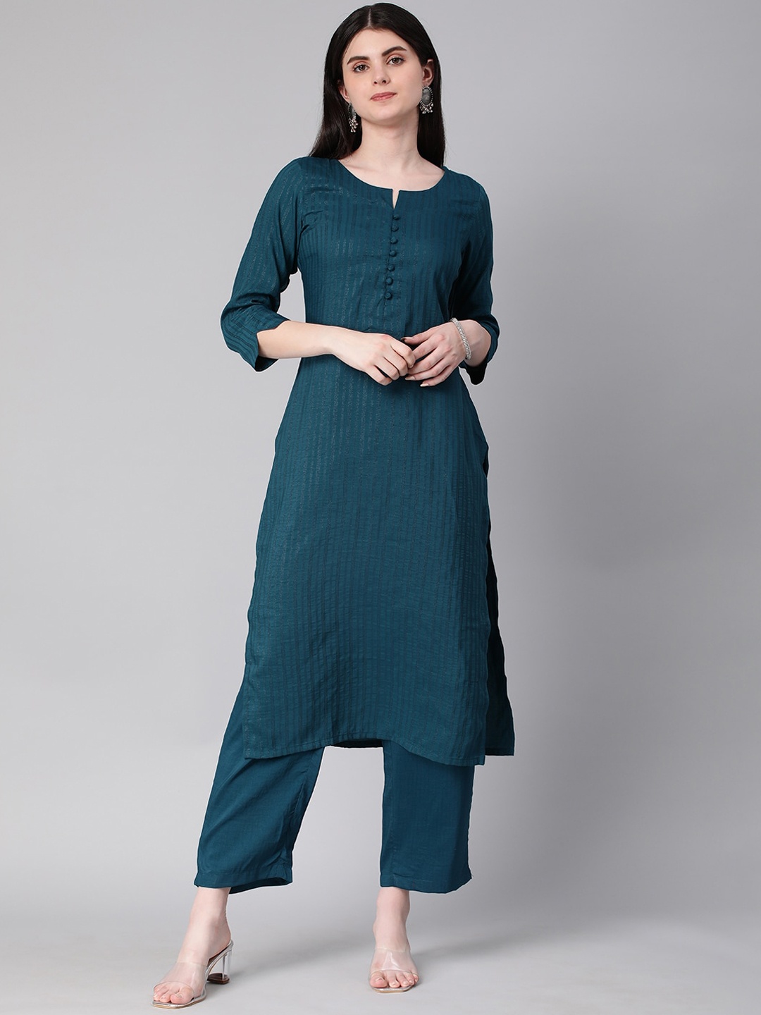 

Shaily Striped Regular Straight Thread Work Kurta with Trouser, Teal