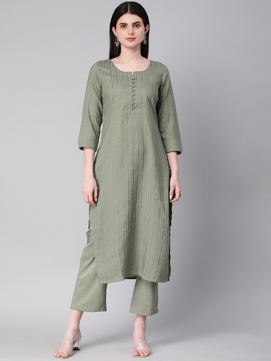 

Shaily Striped Causal Straight Kurta With Trousers, Green