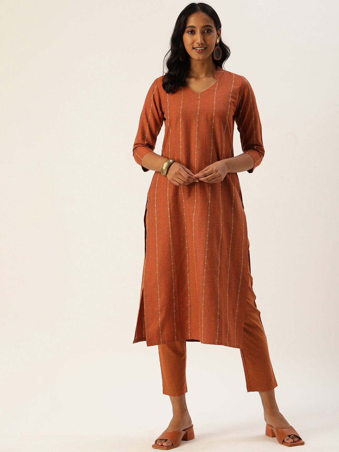

Shaily Printed Regular Thread Work Cotton Kurta with Trousers, Rust