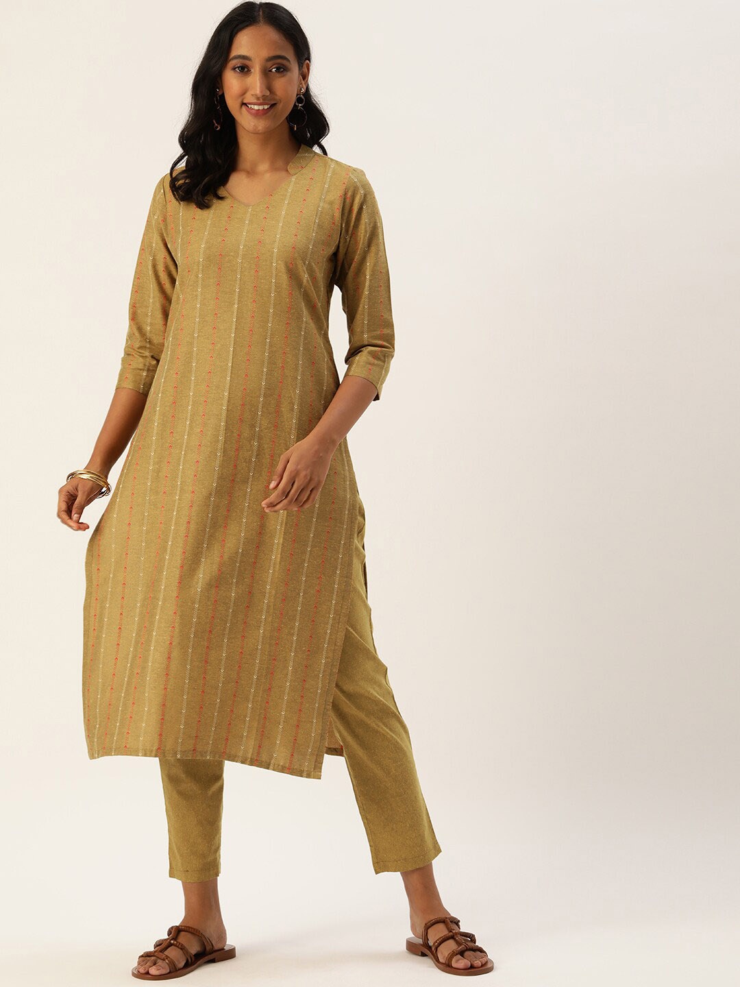 

Shaily Yellow Ethnic Woven Design Straight Kurta with Trousers