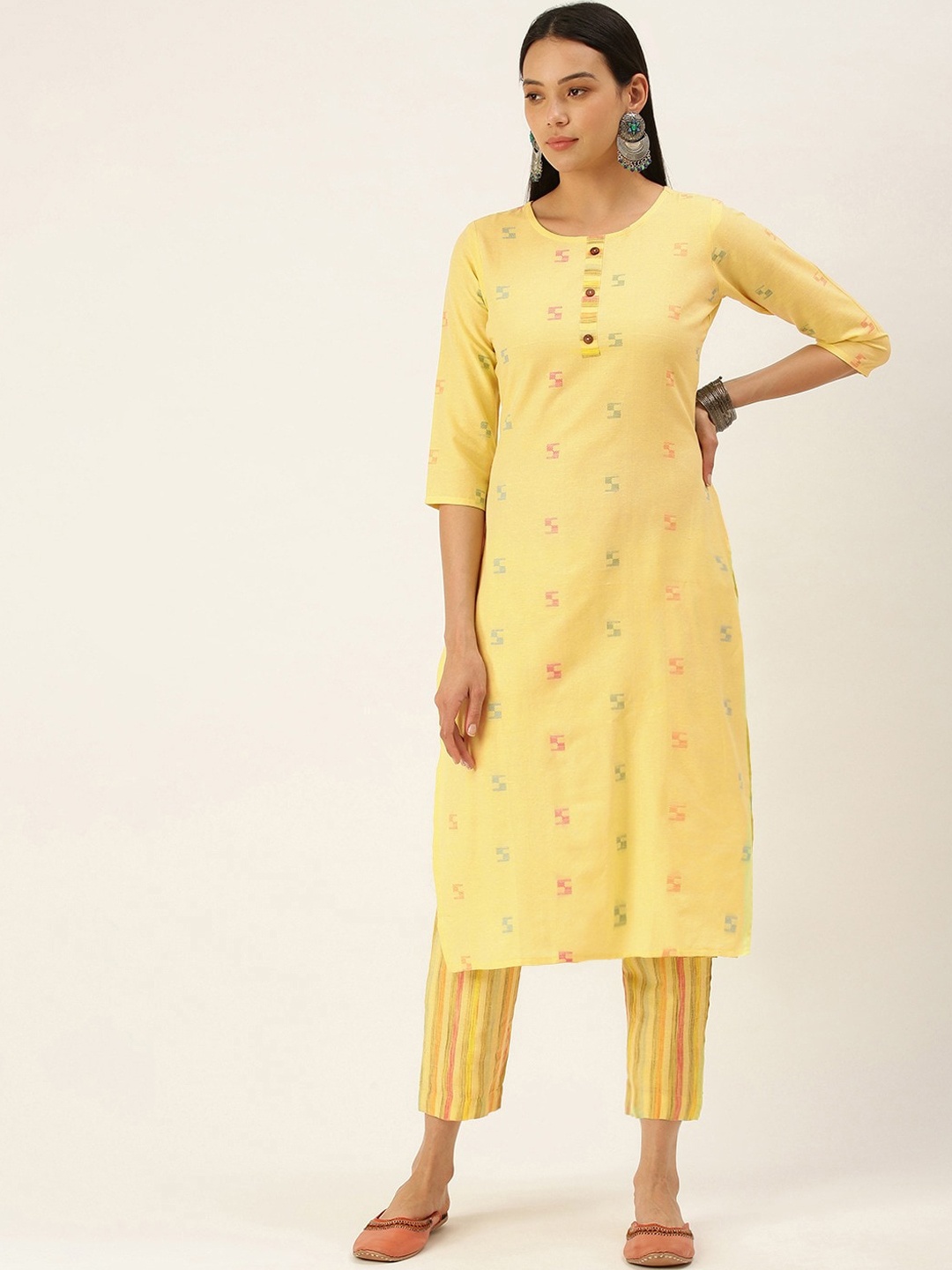 

Shaily Yellow Geometric Woven Design Straight Kurta with Trousers