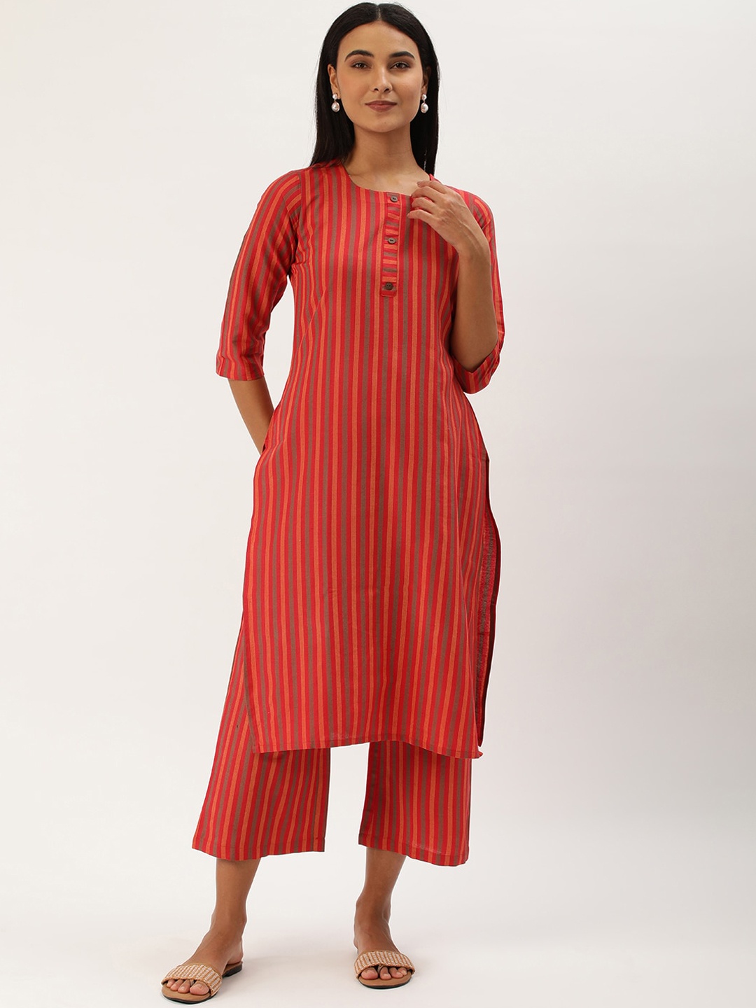 

Shaily Striped Regular Kurta with Trouser, Red