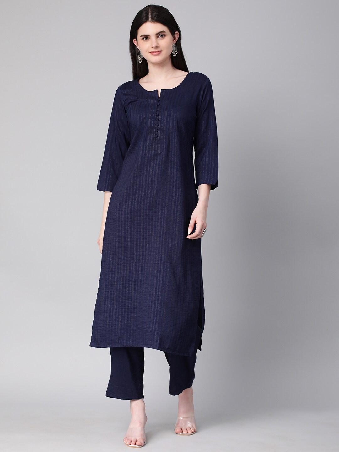 

Shaily Striped Regular Straight Kurta with Trouser, Navy blue