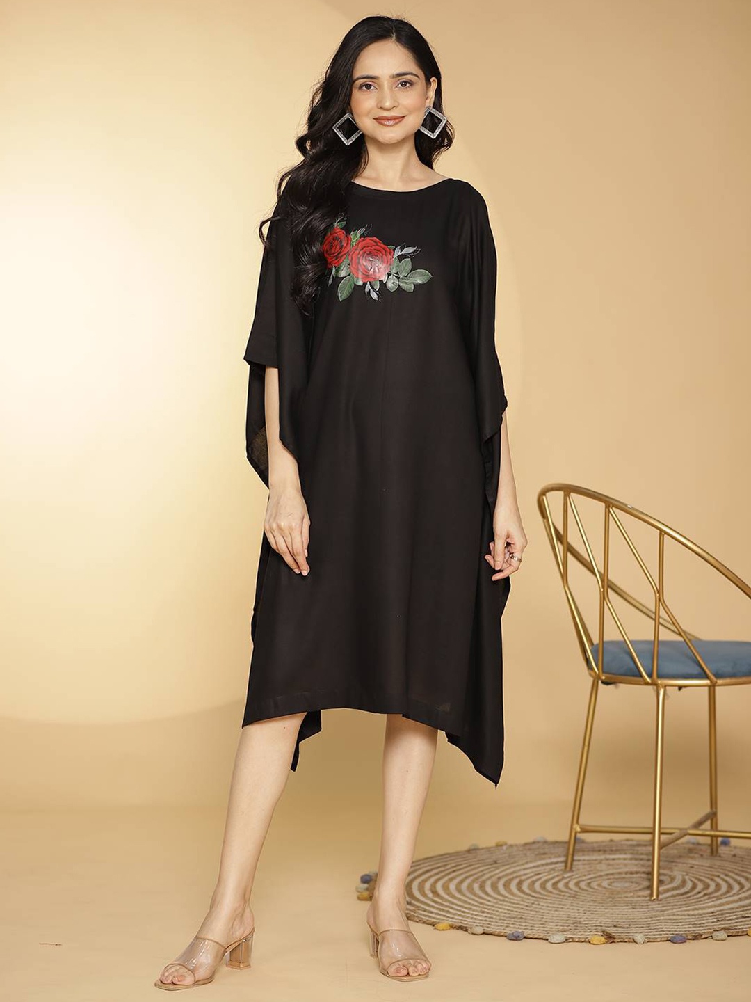 

LetsDressUp Floral Print Flutter Sleeves Kaftan Dress, Black