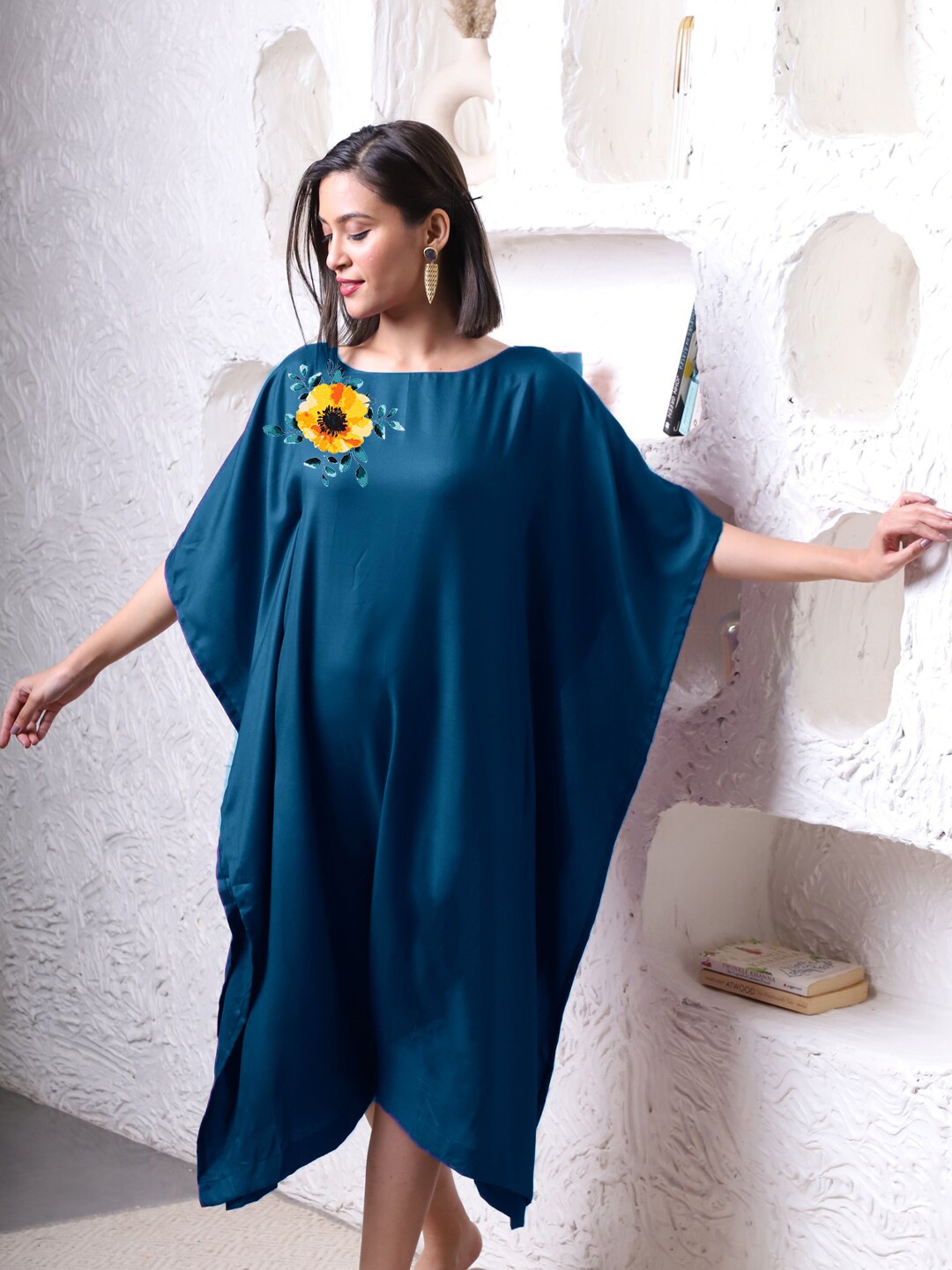 

LetsDressUp Anthos Floral Printed Kimono Sleeves Kaftan Midi Dress, Teal