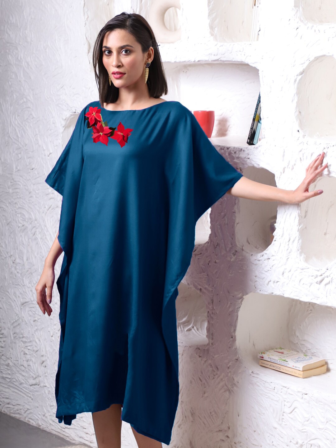 

LetsDressUp Vermilion Floral Printed Kimono Sleeves Kaftan Midi Dress, Teal