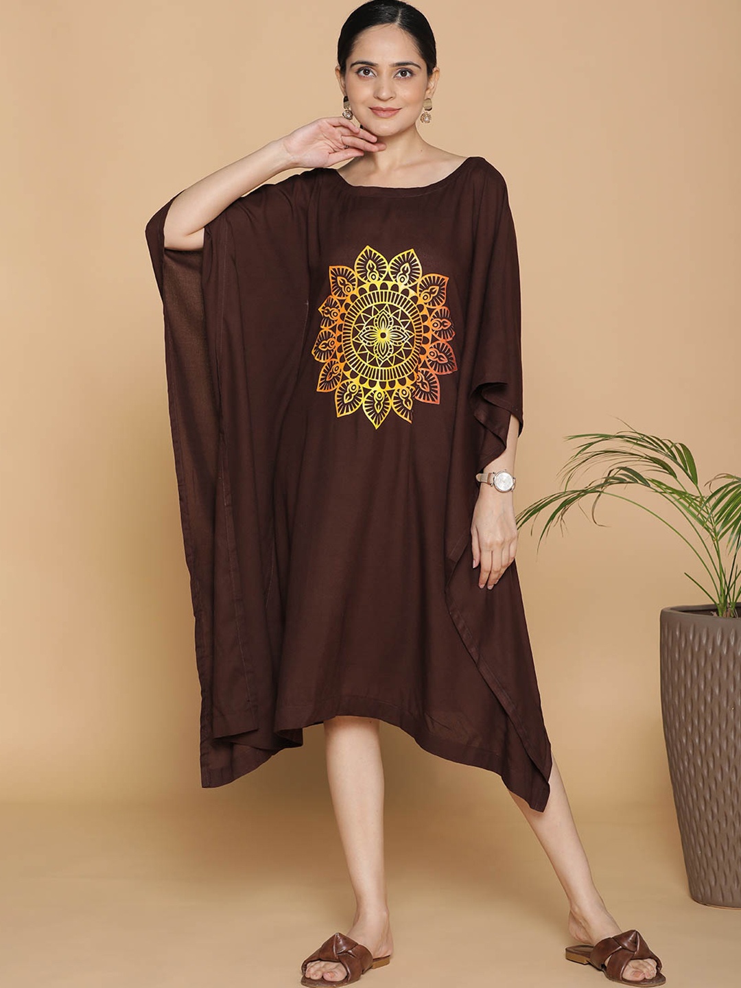

LetsDressUp Wheel Floral Printed Kimono Sleeves Kaftan Midi Dress, Coffee brown