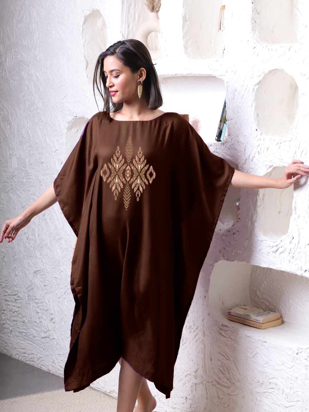 

LetsDressUp Barfi Geometric Printed Kimono Sleeves Kaftan Midi Dress, Coffee brown