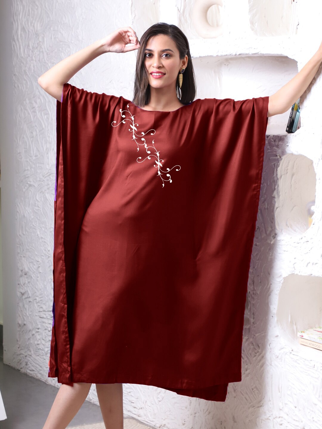

LetsDressUp Branch Floral Printed Kimono Sleeves Kaftan Midi Dress, Maroon