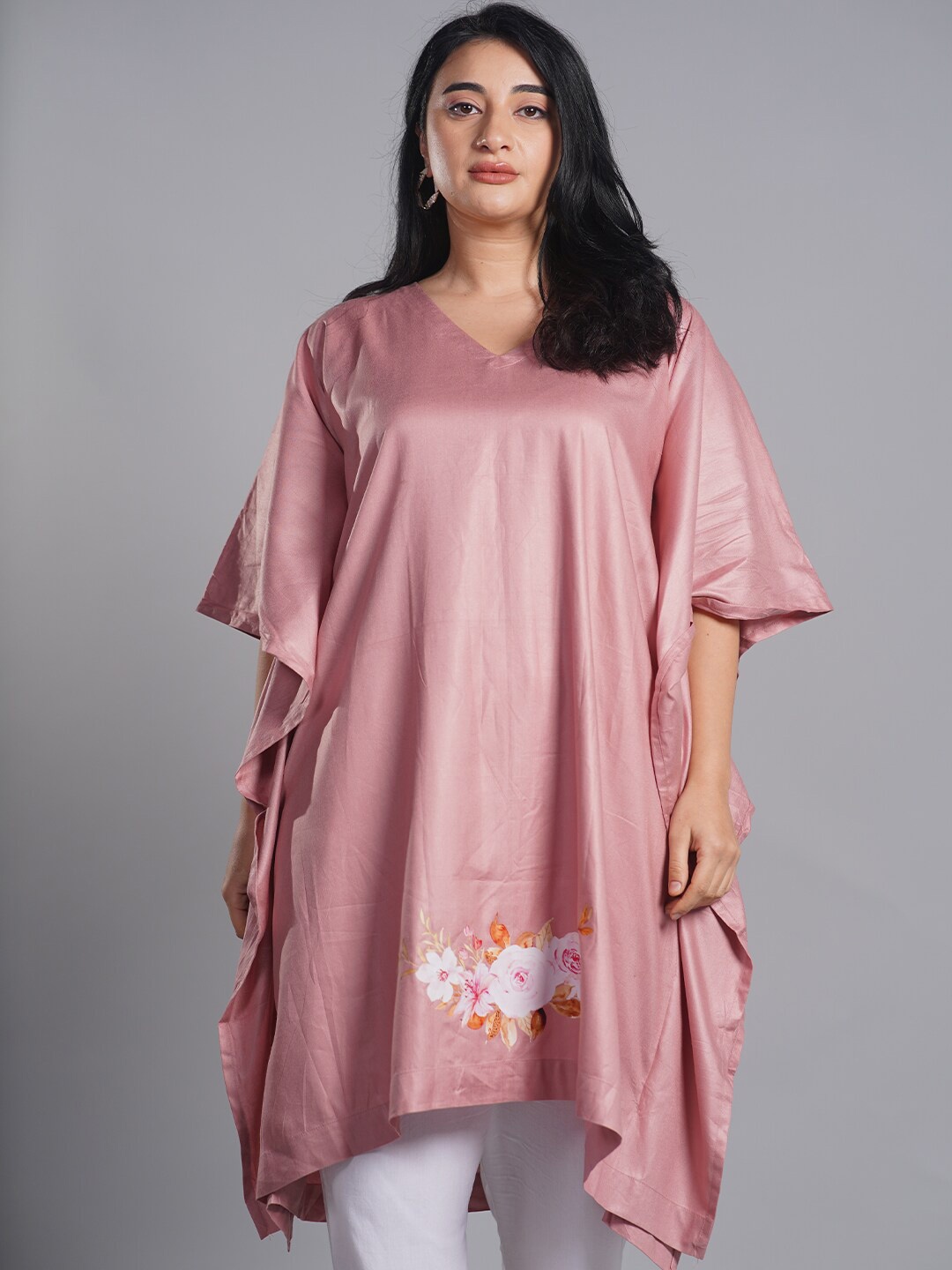 

LetsDressUp V Neck Floral Print Extended Sleeves Kaftan Dress, Rose gold